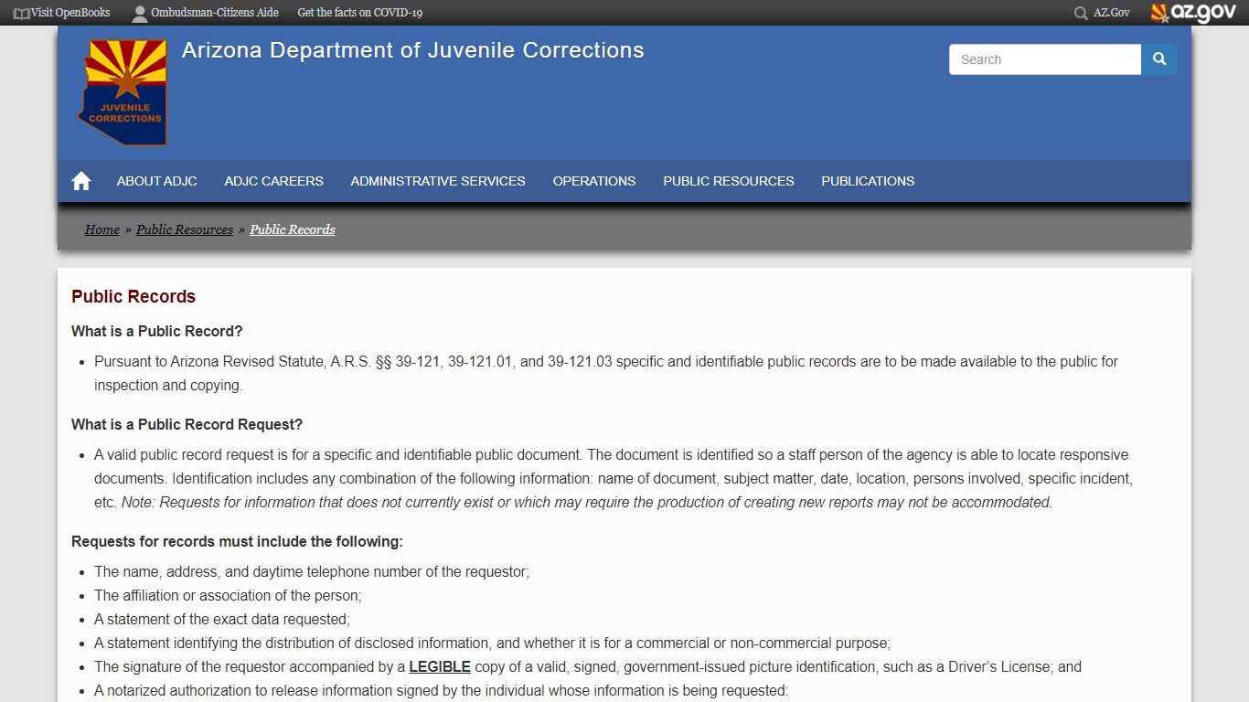 Public Records | Arizona Department of Juvenile Corrections